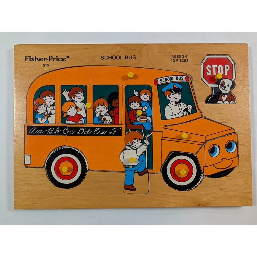 Vintage Fisher Price 515 School Bus Wooden Peg Puzzle 13 Piece Complete